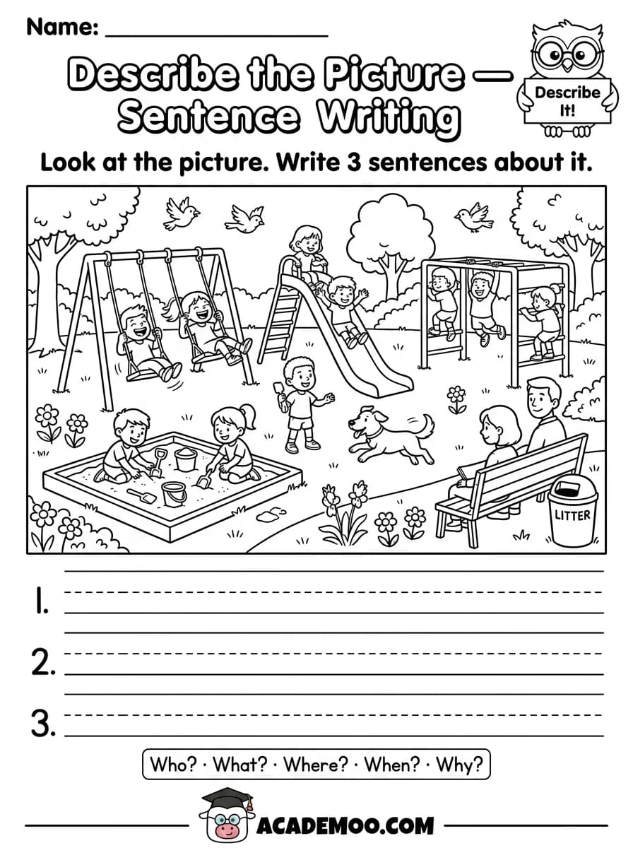 Describe the Picture Sentence Writing worksheet — 1st grade language arts printable PDF · Free printable describe the picture sentence writing worksheet for 1st Grade.