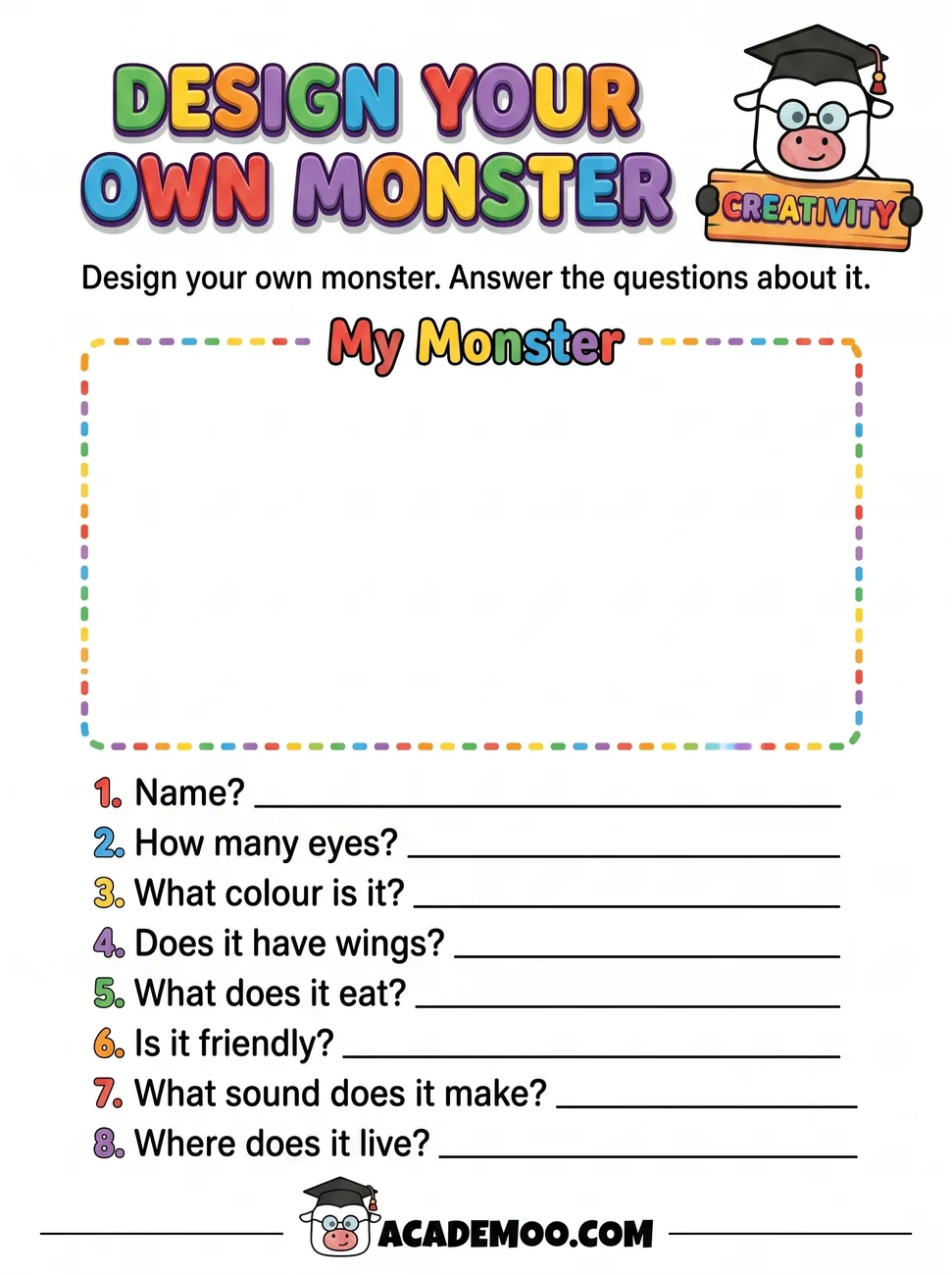 Design Your Own Monster worksheet — kindergarten language arts printable PDF · Free printable design your own monster worksheet for Kindergarten.