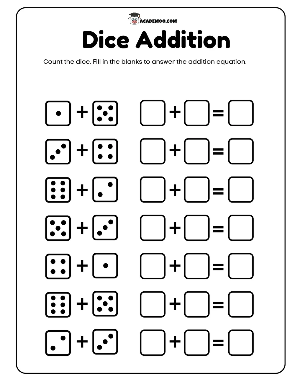 Dice Addition worksheet — kindergarten math printable PDF · Printable dice addition worksheet for Kindergarten.