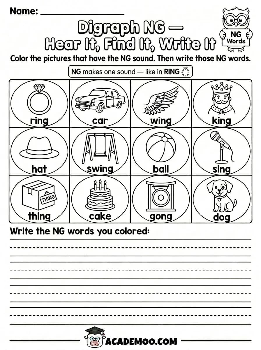 Digraph NG Hear It Find It Write It worksheet — 1st grade language arts printable PDF · Free printable digraph ng hear it find it write it worksheet for 1st Grade.