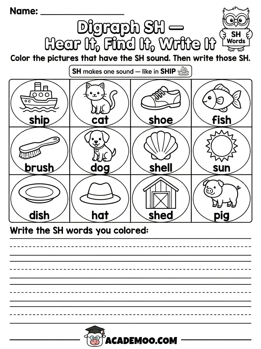 Digraph SH Hear It Find It Write It worksheet — 1st grade language arts printable PDF · Free printable digraph sh hear it find it write it worksheet for 1st Grade.
