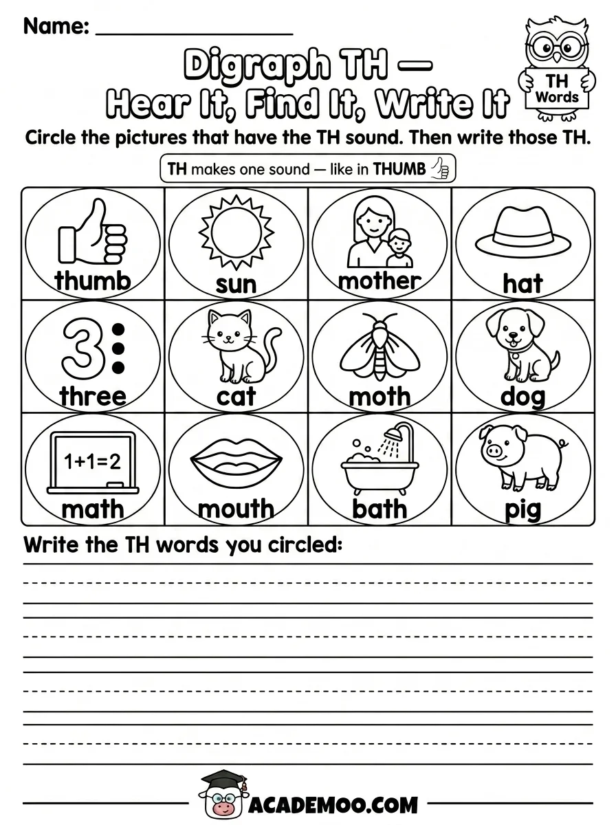 Digraph TH Hear It Find It Write It worksheet — 1st grade language arts printable PDF · Free printable digraph th hear it find it write it worksheet for 1st Grade.
