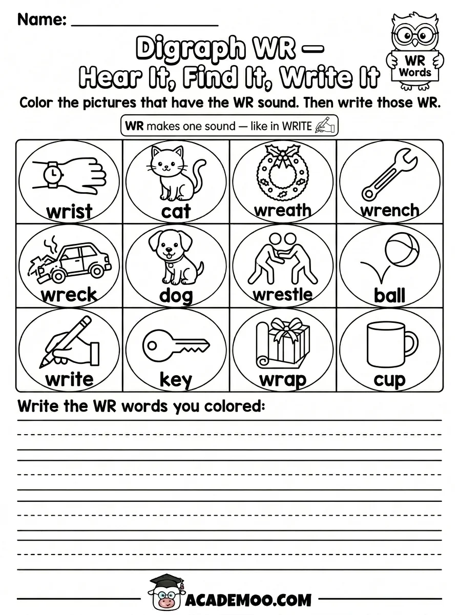 Digraph WR Hear It Find It Write It worksheet — 1st grade language arts printable PDF · Free printable digraph wr hear it find it write it worksheet for 1st Grade.