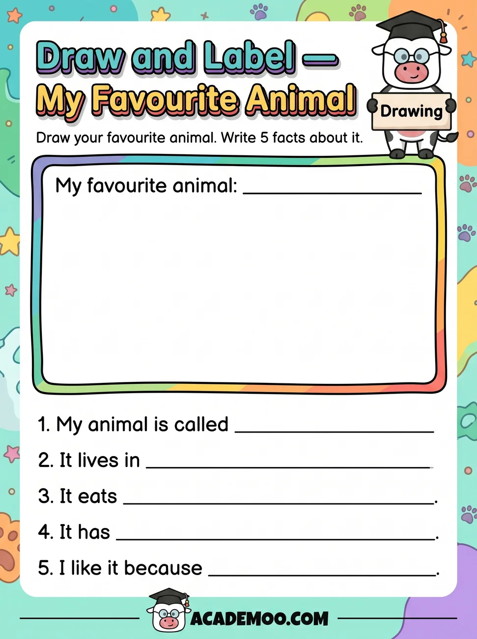 Draw and Label My Favorite Animal worksheet — 1st grade language arts printable PDF · Free printable draw and label my favorite animal worksheet for 1st Grade.