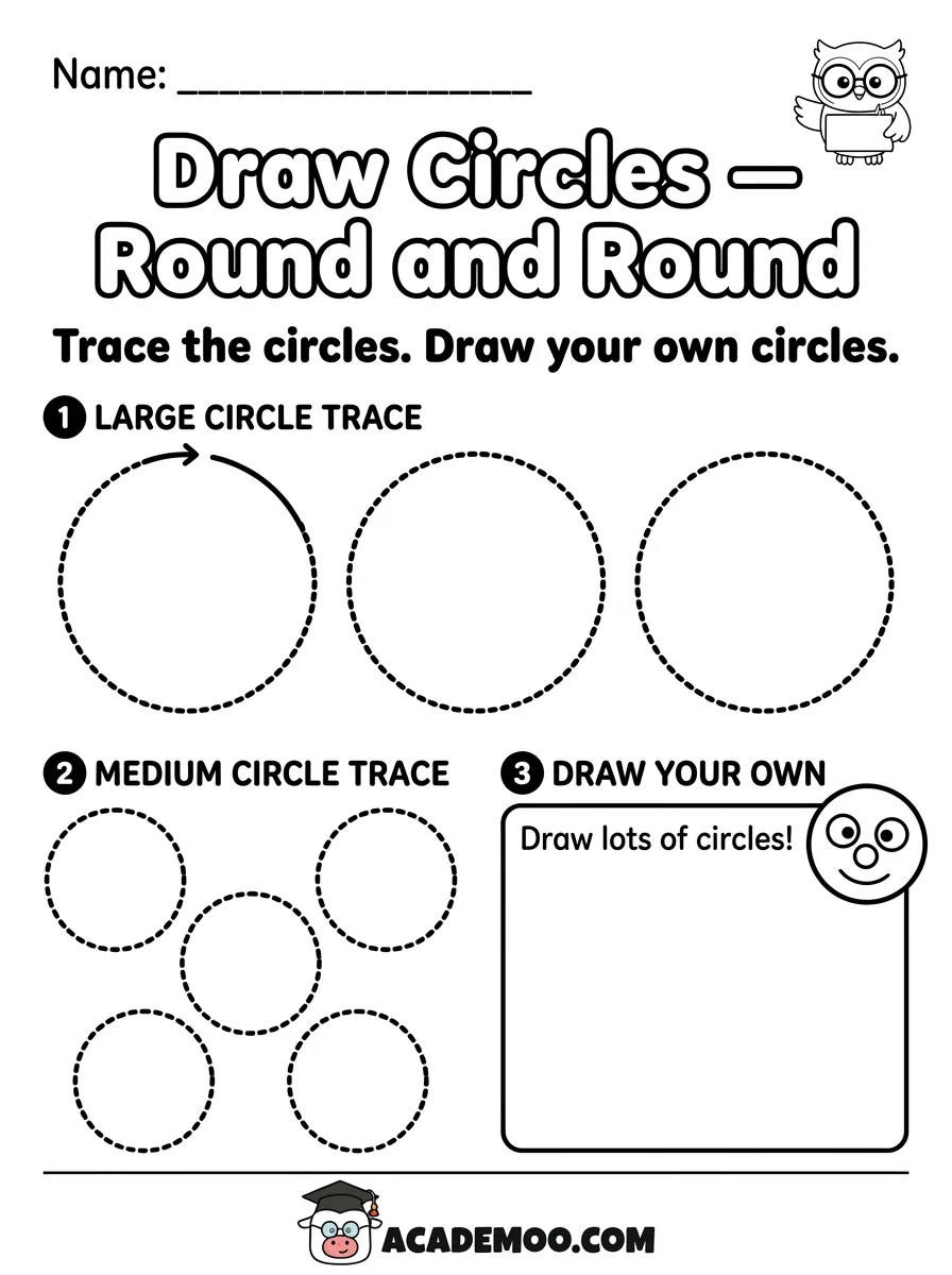 Draw Circles Round and Round worksheet — pre-k math printable PDF · Free printable draw circles round and round worksheet for Pre-K.