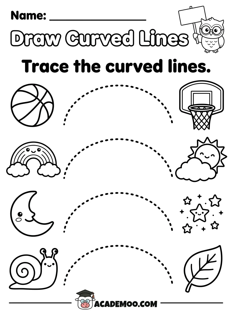 Draw Curved Lines worksheet — pre-k language arts printable PDF · Free printable draw curved lines worksheet for Pre-K.