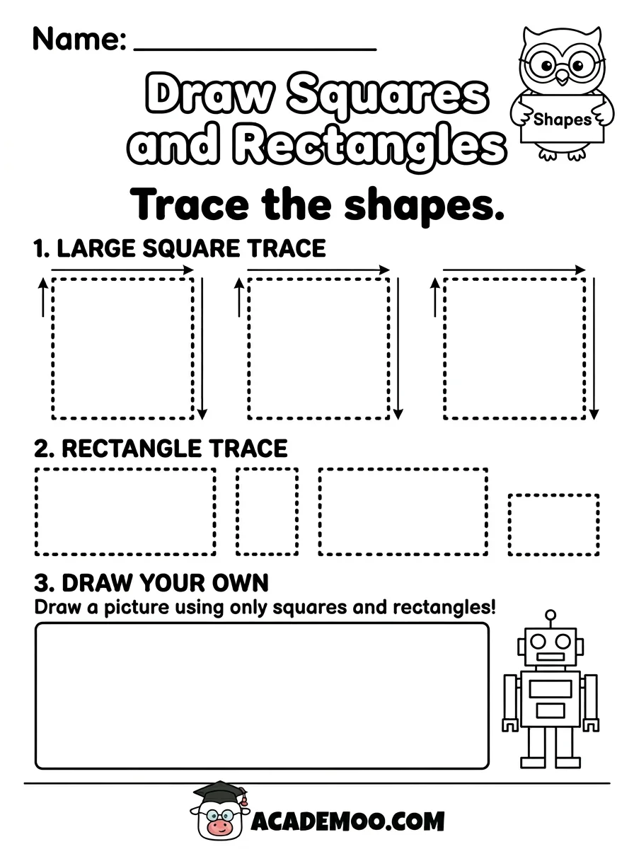 Draw Squares and Rectangles worksheet — pre-k math printable PDF · Free printable draw squares and rectangles worksheet for Pre-K.