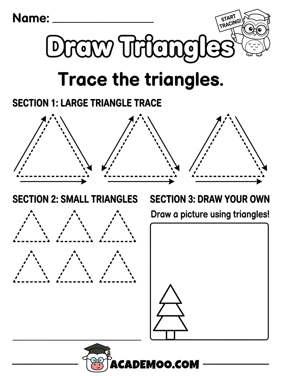 Draw Triangles worksheet — pre-k math printable PDF · Free printable draw triangles worksheet for Pre-K.