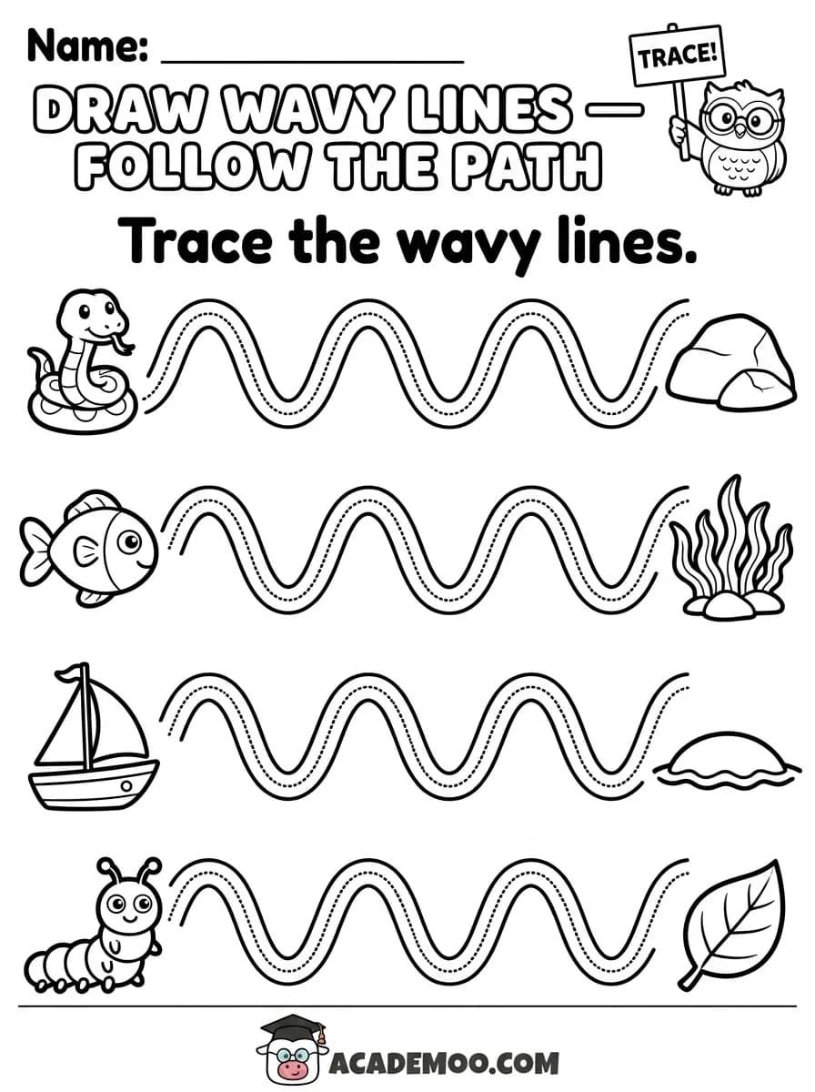 Draw Wavy Lines Follow the Path worksheet — pre-k language arts printable PDF · Free printable draw wavy lines follow the path worksheet for Pre-K.