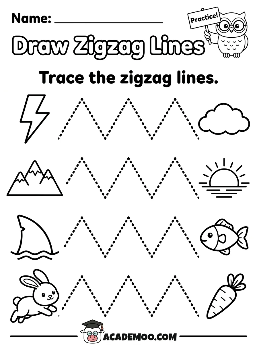 Draw Zigzag Lines worksheet — pre-k language arts printable PDF · Free printable draw zigzag lines worksheet for Pre-K.