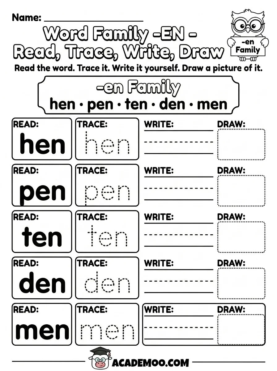 EN Word Family Read Trace Write worksheet — kindergarten language arts printable PDF · Free printable en word family read trace write worksheet for Kindergarten.