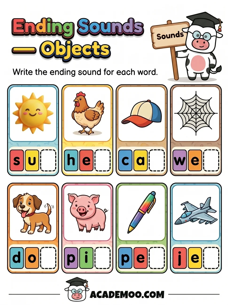 Ending Sounds Objects worksheet — kindergarten language arts printable PDF · Free printable ending sounds objects worksheet for Kindergarten.