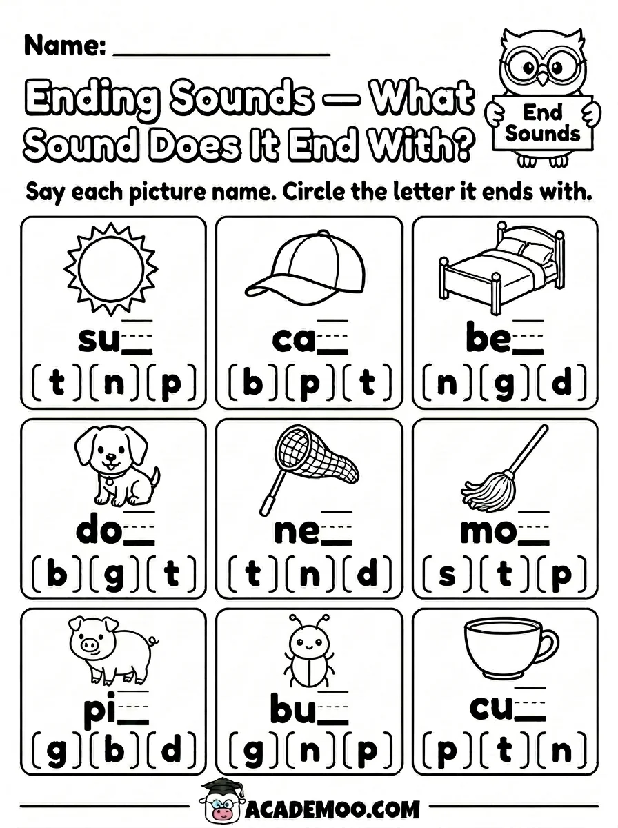 Ending Sounds What Sound Does It End With worksheet — kindergarten language arts printable PDF · Free printable ending sounds what sound does it end with worksheet for Kindergarten.