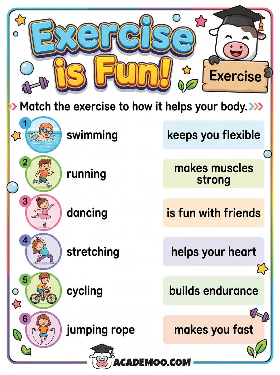 Exercise Is Fun worksheet — 1st grade science printable PDF · Free printable exercise is fun worksheet for 1st Grade.