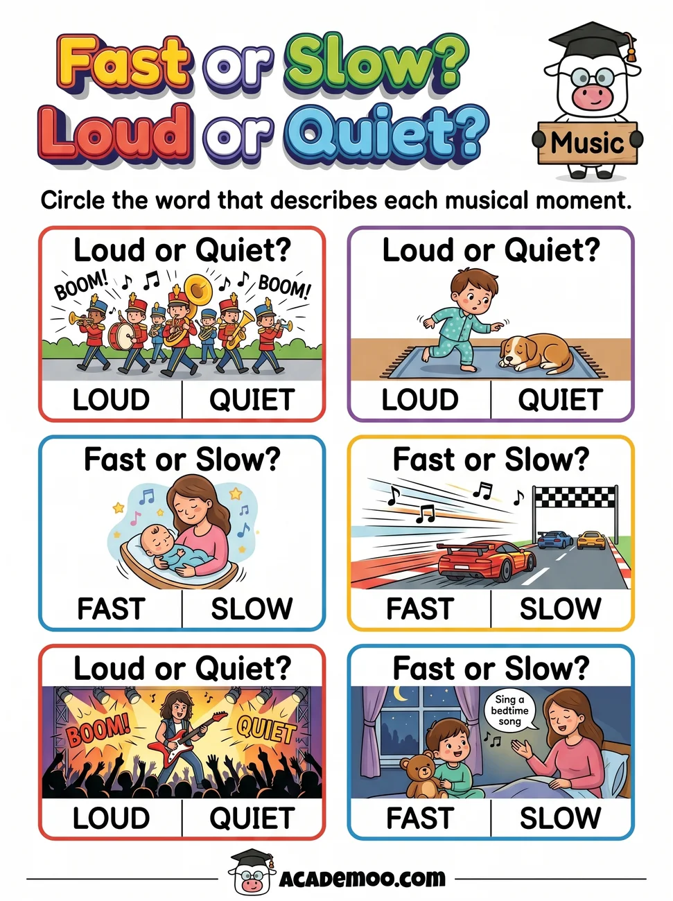 Fast Slow Loud Quiet worksheet — pre-k language arts printable PDF · Free printable fast slow loud quiet worksheet for Pre-K.