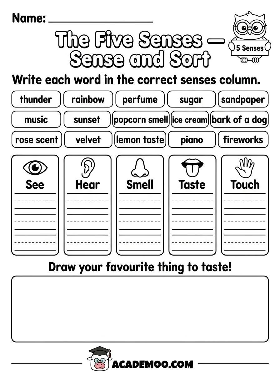 Five Senses Sense and Sort worksheet — kindergarten science printable PDF · Free printable five senses sense and sort worksheet for Kindergarten.