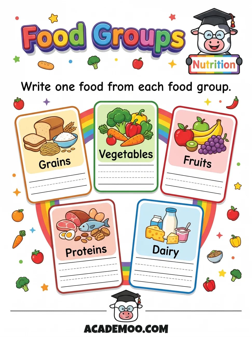 Food Groups worksheet — kindergarten science printable PDF · Free printable food groups worksheet for Kindergarten.