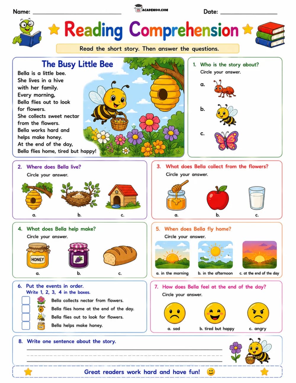 The Busy Little Bee Reading Comprehension worksheet — 1st grade language arts printable PDF · Printable the busy little bee reading comprehension worksheet for 1st Grade.