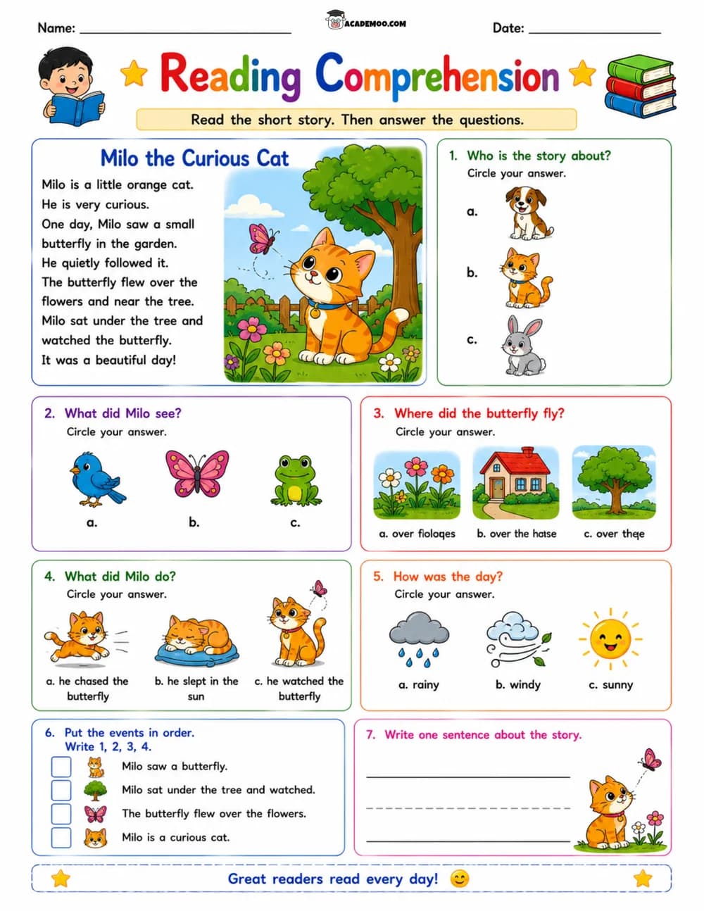 Milo the Curious Cat Reading Comprehension worksheet — 1st grade language arts printable PDF · Printable milo the curious cat reading comprehension worksheet for 1st Grade.