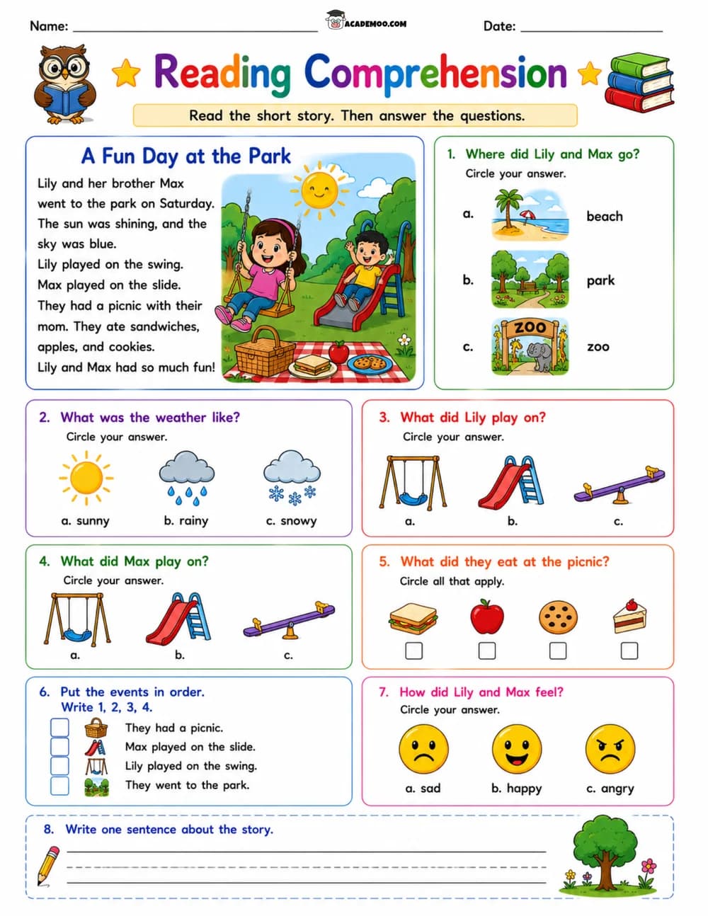 A Fun Day at the Park Reading Comprehension worksheet — 1st grade language arts printable PDF · Printable a fun day at the park reading comprehension worksheet for 1st Grade.