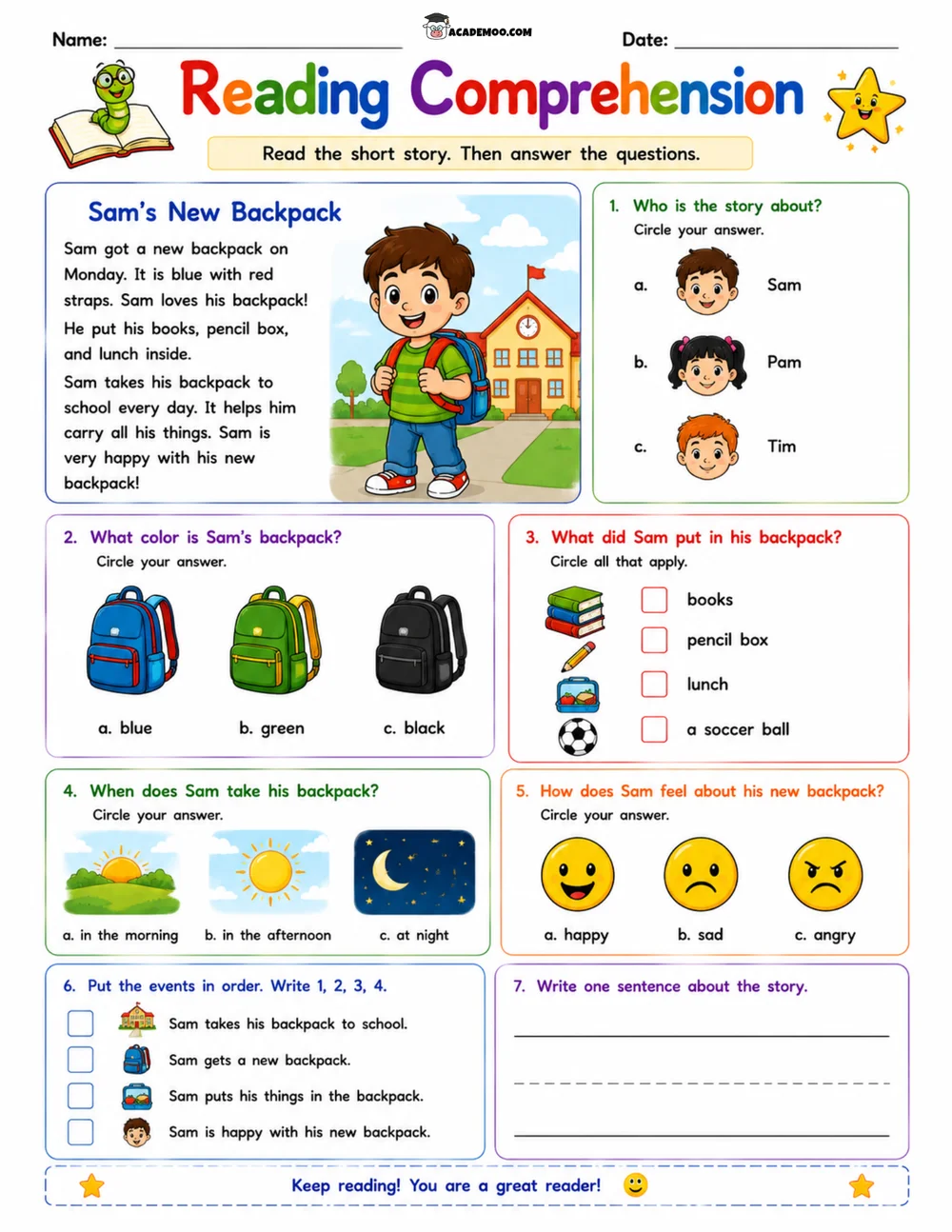 Sam's New Backpack Reading Comprehension worksheet — 1st grade language arts printable PDF · Printable sam's new backpack reading comprehension worksheet for 1st Grade.