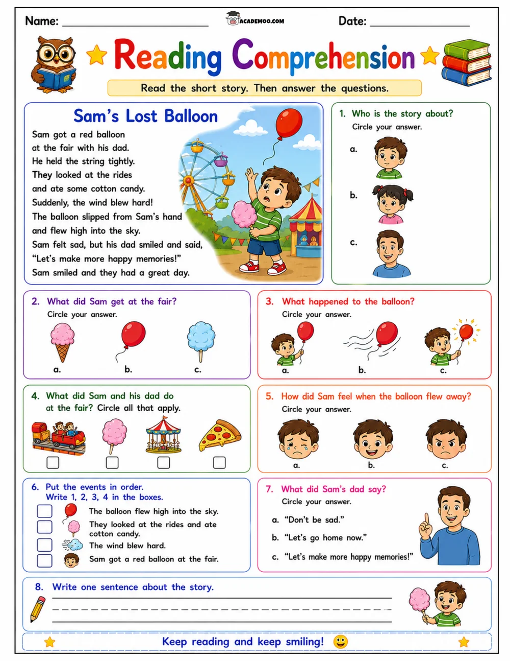 Sam's Lost Balloon Reading Comprehension worksheet — 1st grade language arts printable PDF · Printable sam's lost balloon reading comprehension worksheet for 1st Grade.