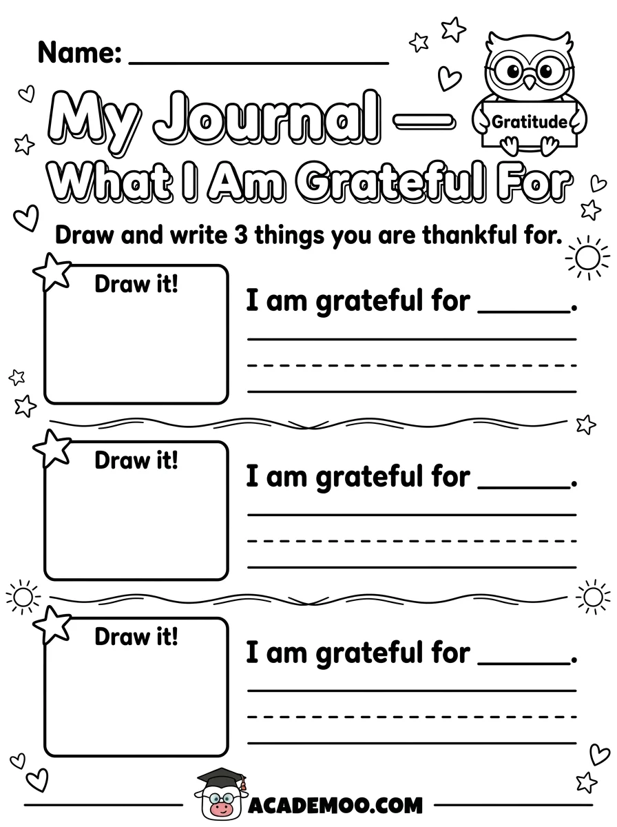 Gratitude Journal worksheet — kindergarten language arts printable PDF · Free printable gratitude journal worksheet for Kindergarten.