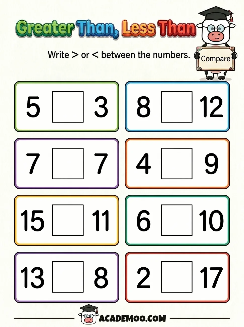 Greater Than Less Than worksheet — 1st grade math printable PDF · Free printable greater than less than worksheet for 1st Grade.