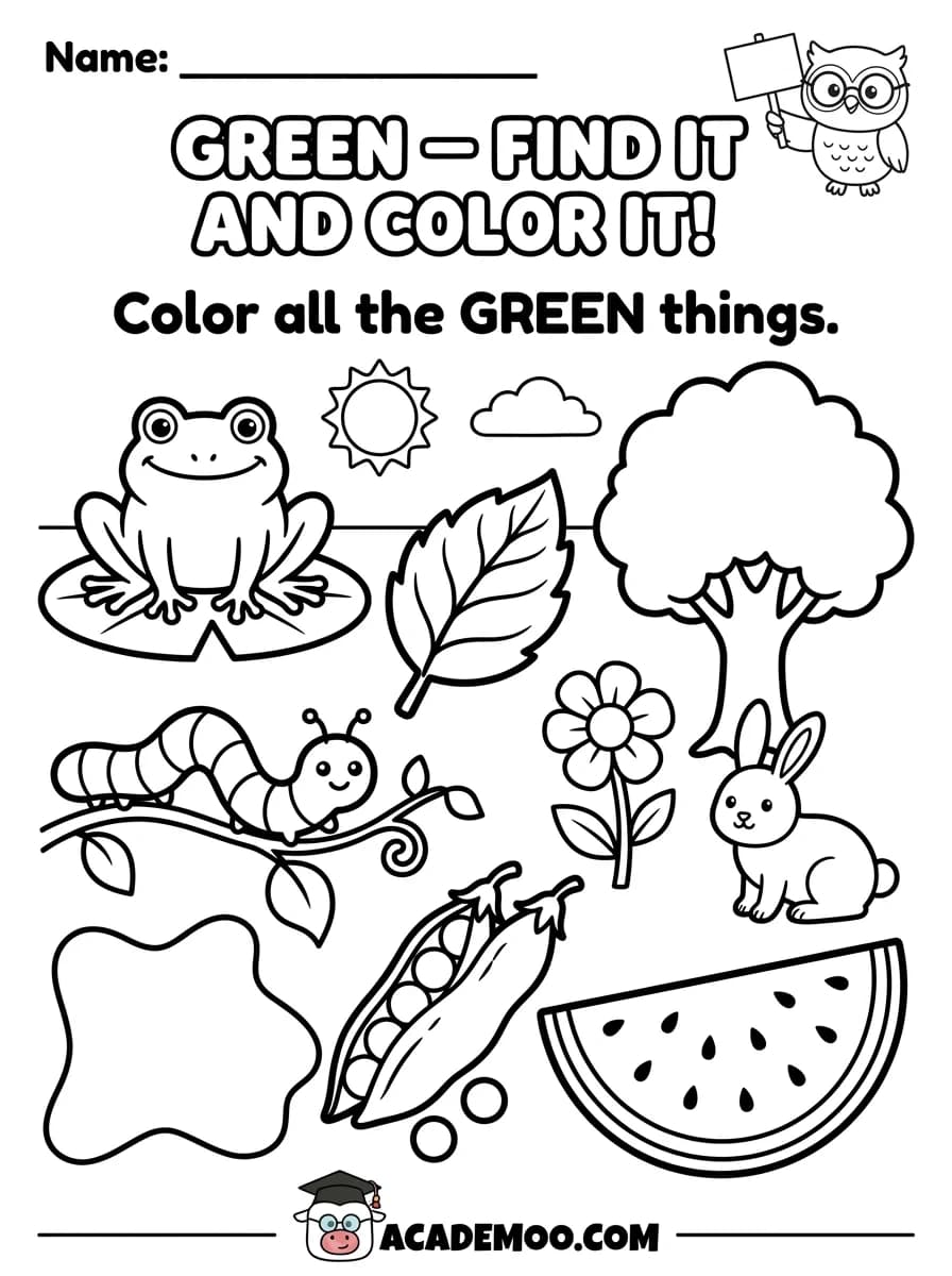Green Find It and Color It worksheet — pre-k math printable PDF · Free printable green find it and color it worksheet for Pre-K.