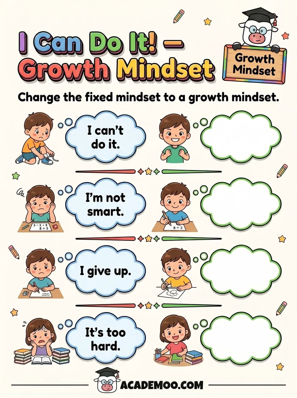 Growth Mindset I Can Do It worksheet — 1st grade language arts printable PDF · Free printable growth mindset i can do it worksheet for 1st Grade.