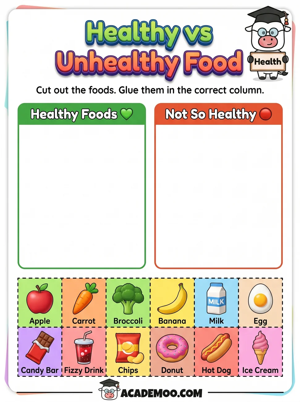 Healthy vs Unhealthy Food Sort worksheet — kindergarten science printable PDF · Free printable healthy vs unhealthy food sort worksheet for Kindergarten.