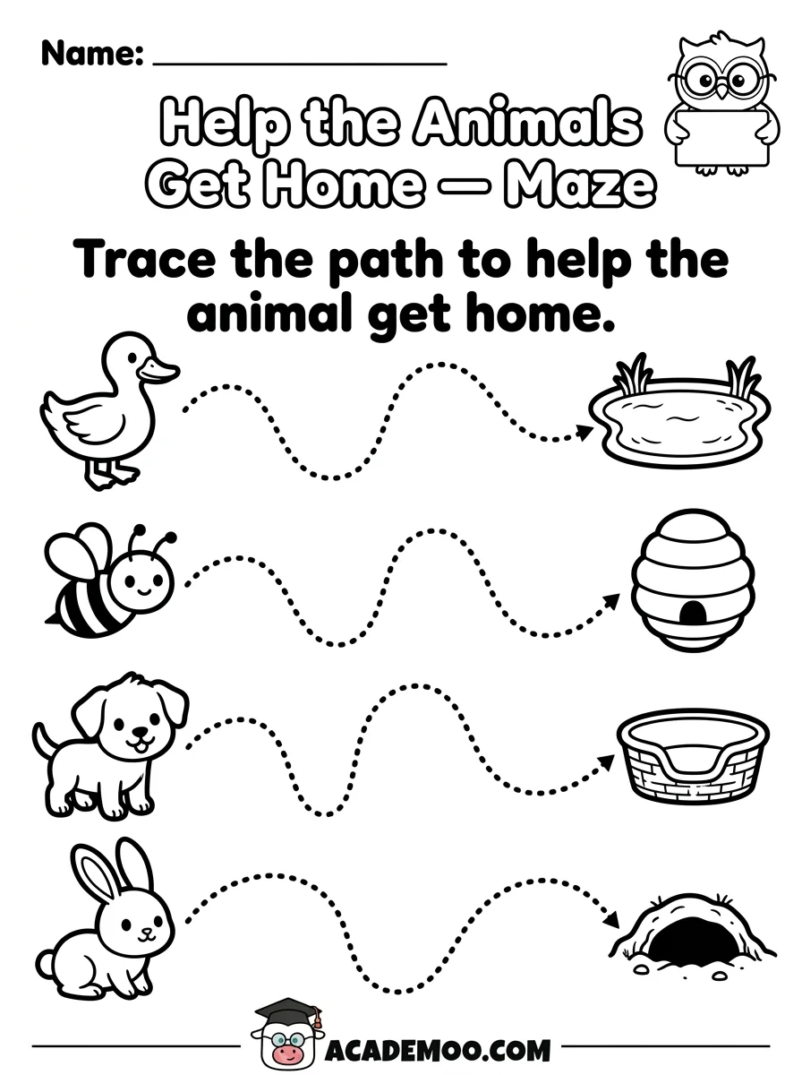 Help the Animals Get Home Maze worksheet — pre-k language arts printable PDF · Free printable help the animals get home maze worksheet for Pre-K.