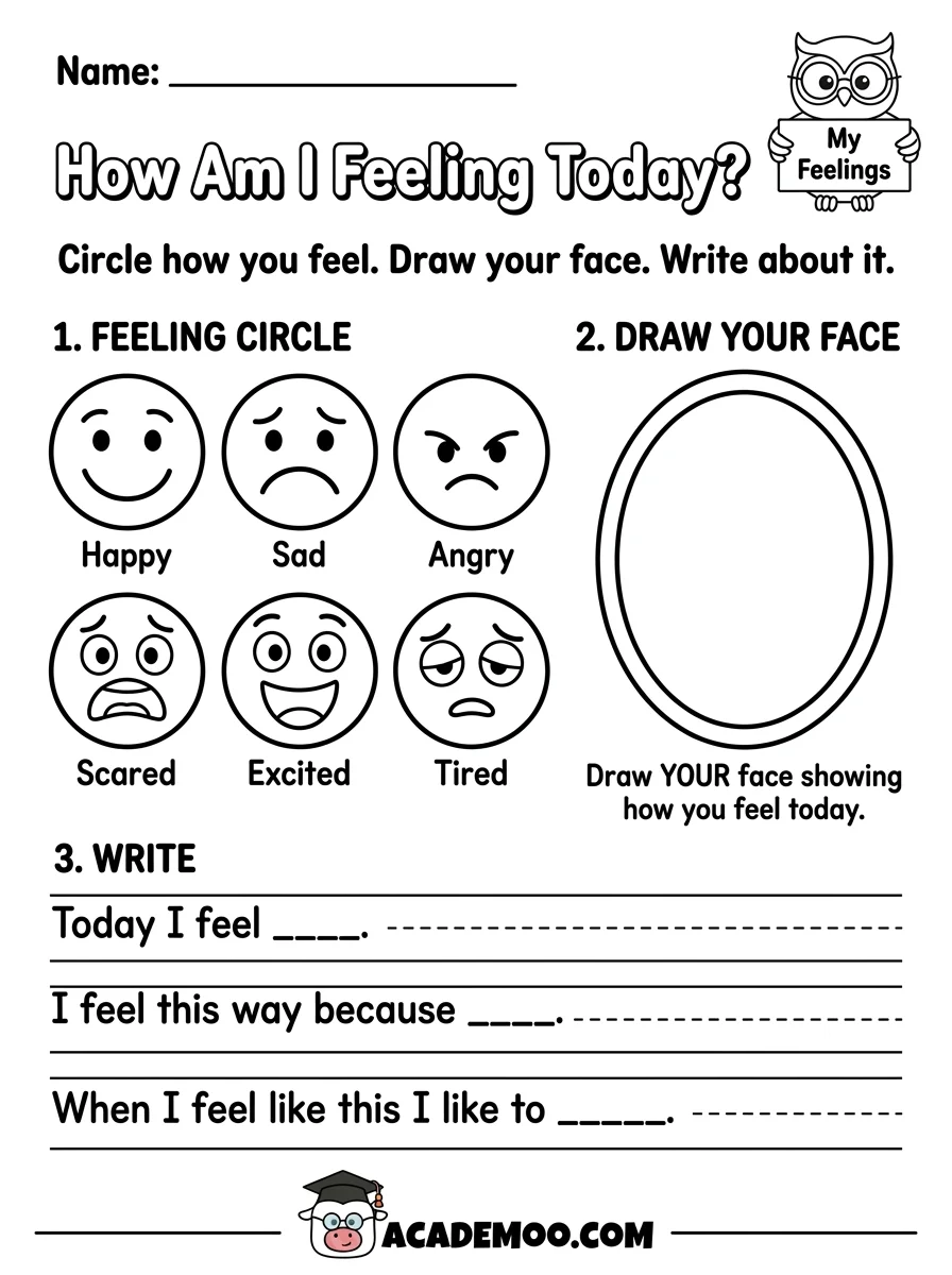 How Am I Feeling Today? worksheet — kindergarten language arts printable PDF · Free printable how am i feeling today?