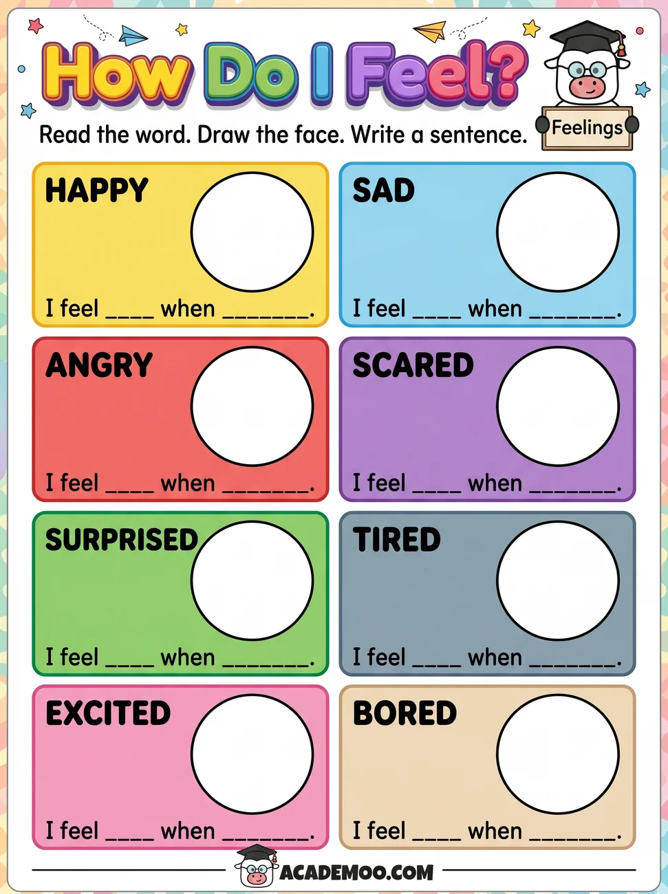 How Do I Feel worksheet — kindergarten language arts printable PDF · Free printable how do i feel worksheet for Kindergarten.