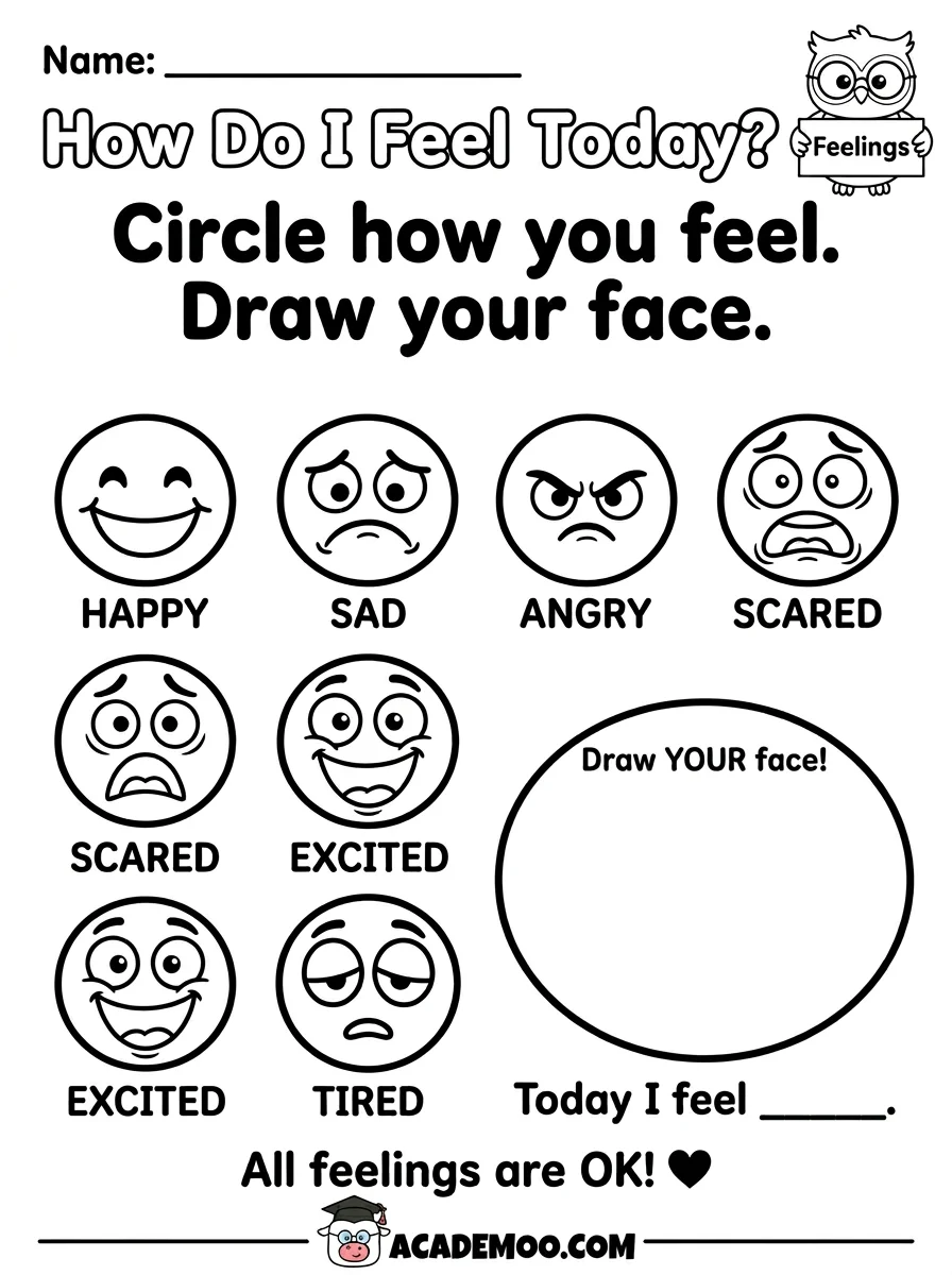 How Do I Feel Today worksheet — pre-k language arts printable PDF · Free printable How Do I Feel Today worksheet for Pre-K.