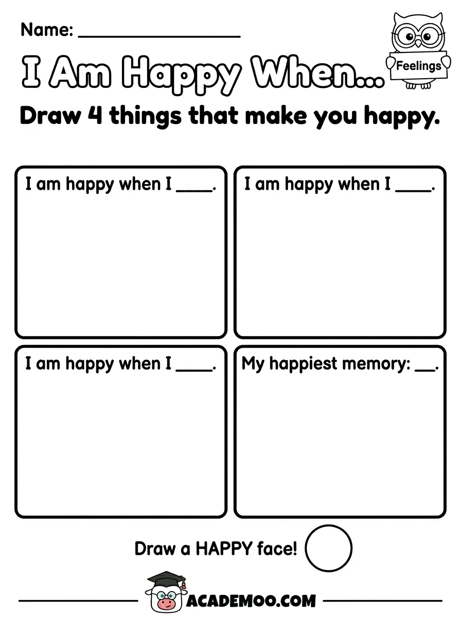 I Am Happy When worksheet — pre-k language arts printable PDF · Free printable I Am Happy When worksheet for Pre-K.