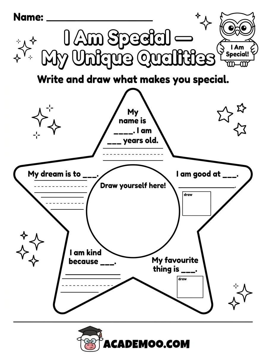 I Am Special worksheet — kindergarten language arts printable PDF · Free printable i am special worksheet for Kindergarten.