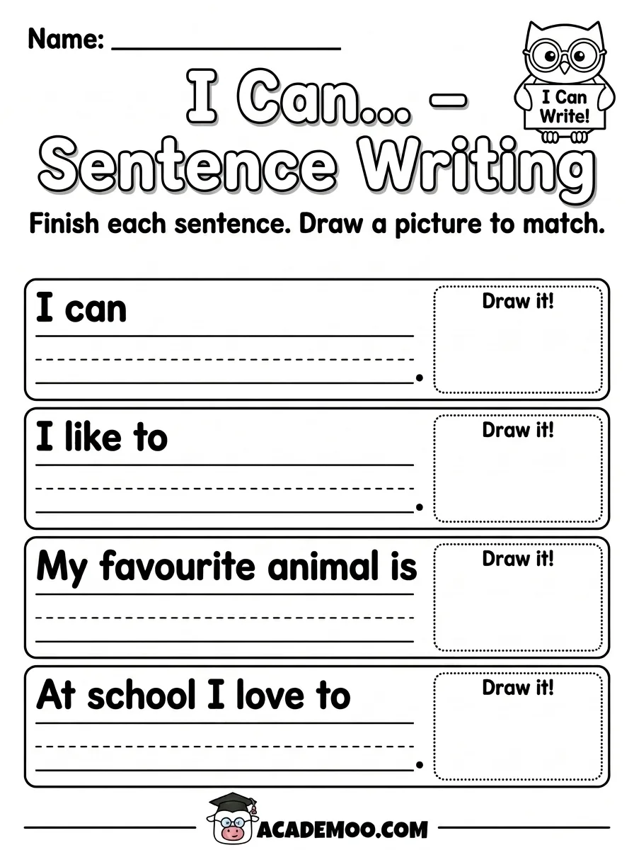 I Can Sentence Writing worksheet — kindergarten language arts printable PDF · Free printable i can sentence writing worksheet for Kindergarten.