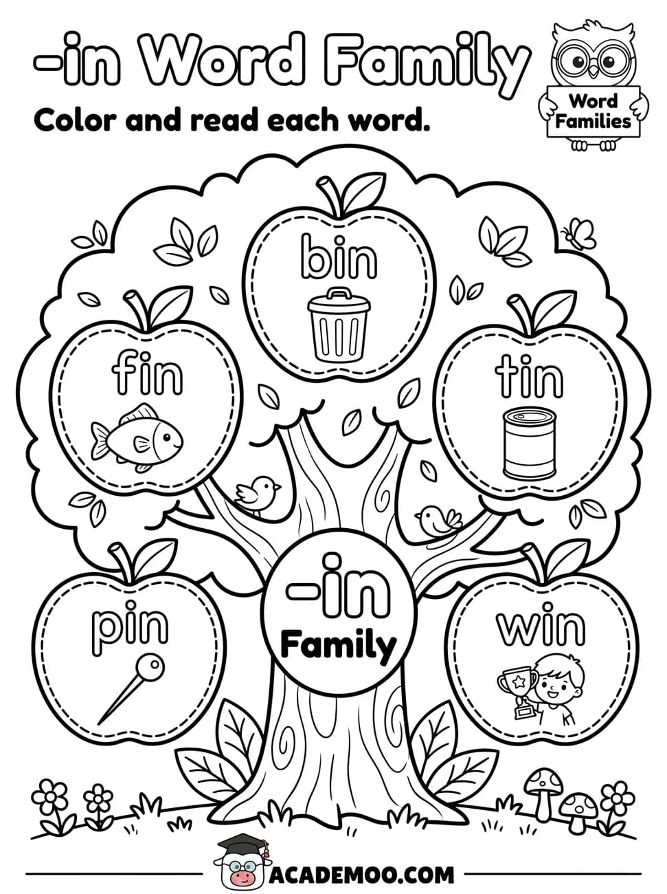 -in Word Family worksheet — kindergarten language arts printable PDF · Color and read each -in word on the apple tree: bin, fin, tin, pin, win.