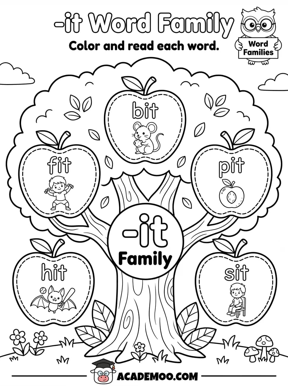 -it Word Family worksheet — kindergarten language arts printable PDF · Color and read each -it word on the apple tree: bit, fit, pit, hit, sit.