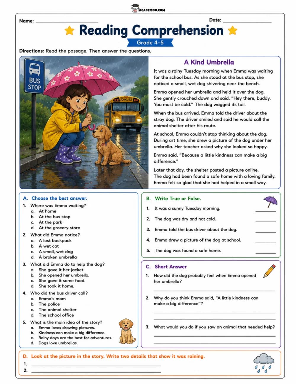 A Kind Umbrella worksheet — 5th grade language arts printable PDF · Printable A Kind Umbrella reading comprehension worksheet for 5th Grade.