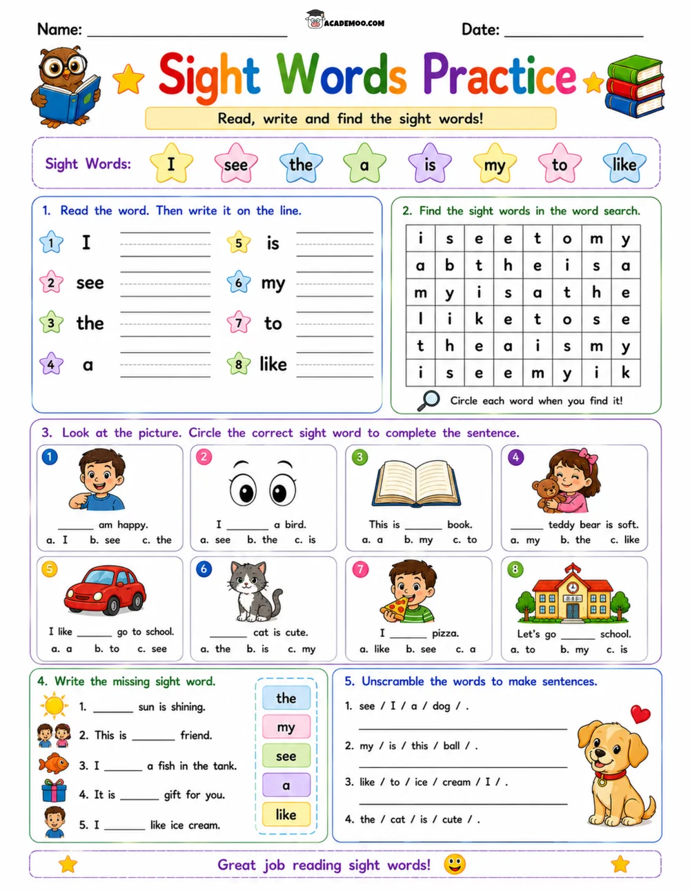 Kindergarten Sight Words Practice 1 worksheet — kindergarten language arts printable PDF · Printable kindergarten sight words practice worksheet for Kindergarten.