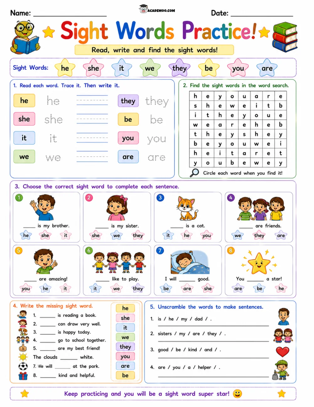 Kindergarten Sight Words Practice 2 worksheet — kindergarten language arts printable PDF · Printable kindergarten sight words practice worksheet for Kindergarten.