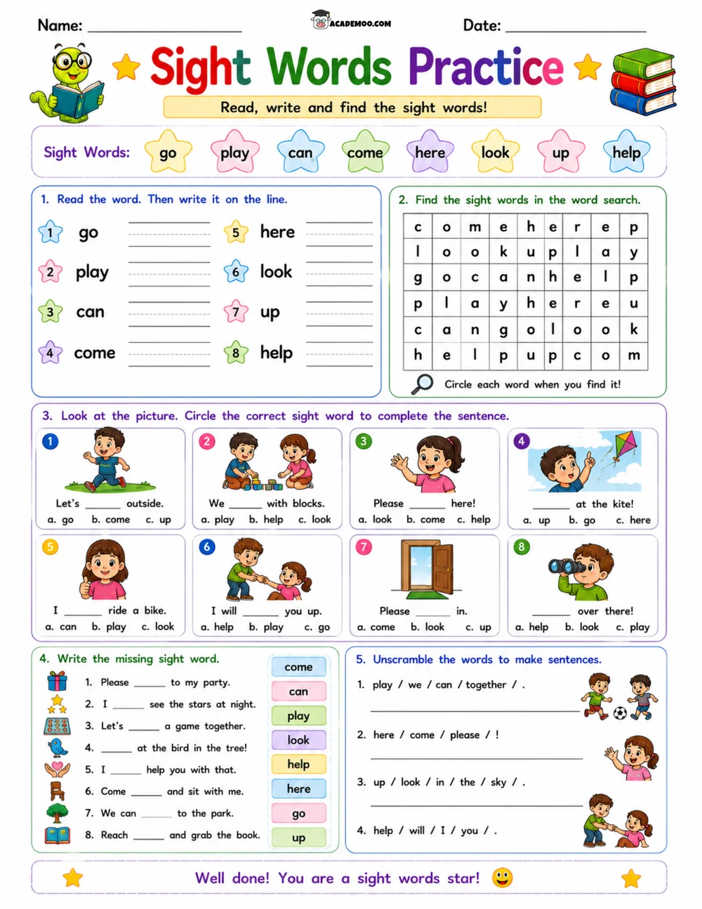 Kindergarten Sight Words Practice 3 worksheet — kindergarten language arts printable PDF · Printable kindergarten sight words practice worksheet for Kindergarten.