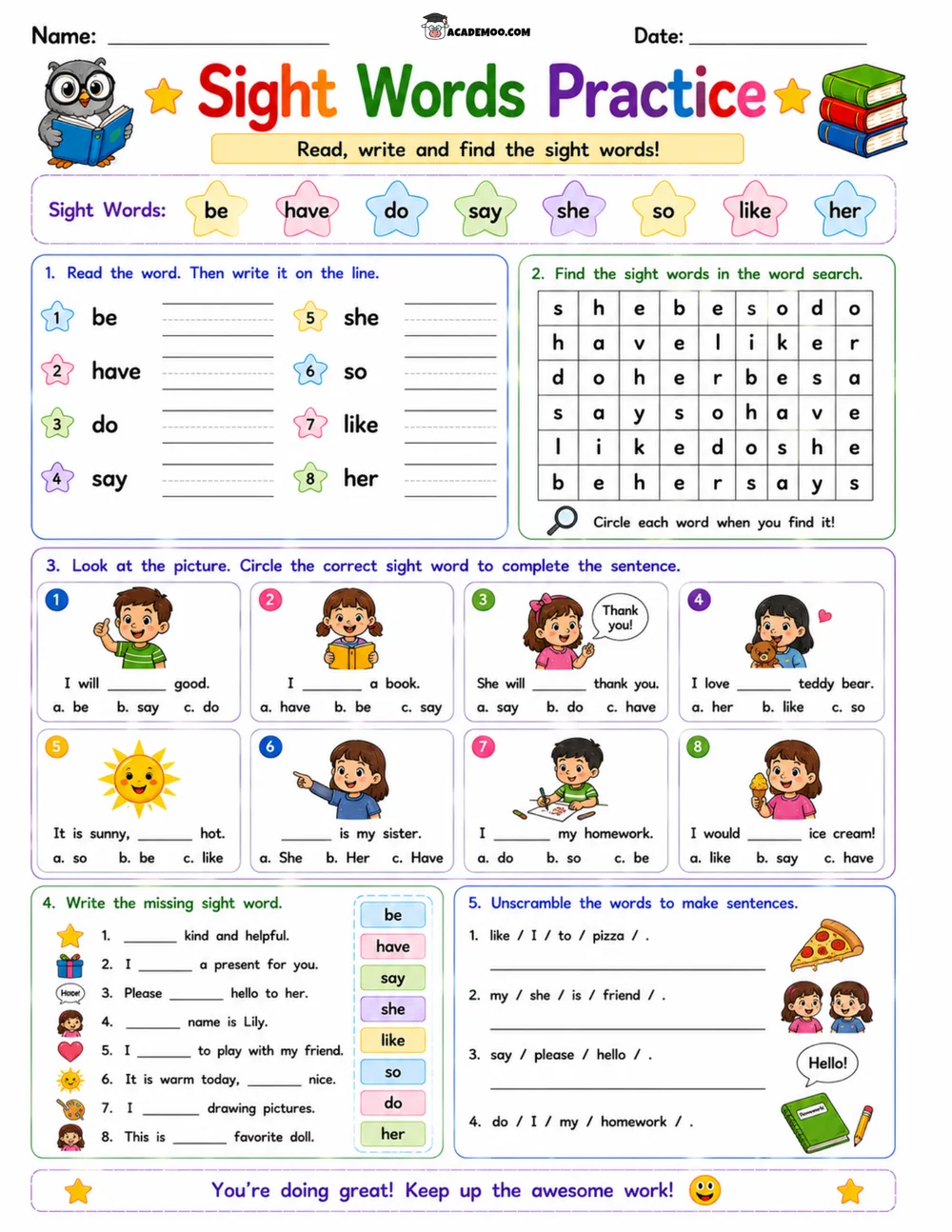 Kindergarten Sight Words Practice 5 worksheet — kindergarten language arts printable PDF · Printable kindergarten sight words practice worksheet for Kindergarten.