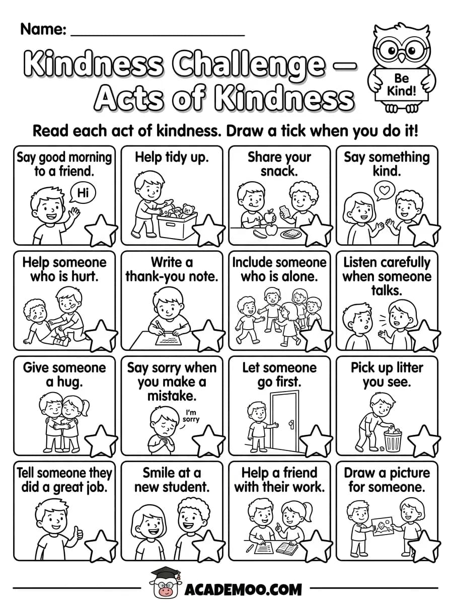 Kindness Challenge worksheet — kindergarten language arts printable PDF · Free printable kindness challenge worksheet for Kindergarten.
