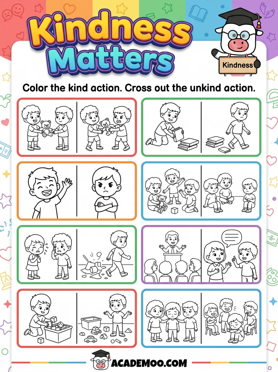 Kindness Matters worksheet — kindergarten language arts printable PDF · Free printable kindness matters worksheet for Kindergarten.