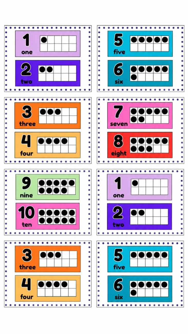 Large Ten Frame Flashcards worksheet — kindergarten math printable PDF · Printable Large Ten Frame Flashcards worksheet for Kindergarten.