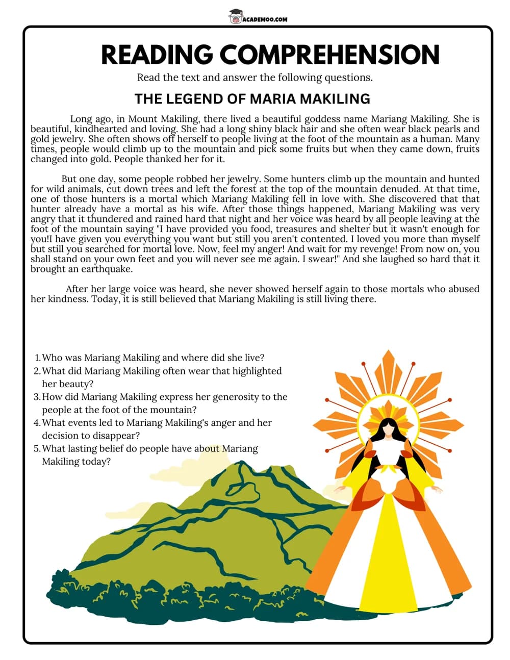 The Legend of Maria Makiling worksheet — 5th grade language arts printable PDF · Printable The Legend of Maria Makiling reading comprehension worksheet for 5th Grade.