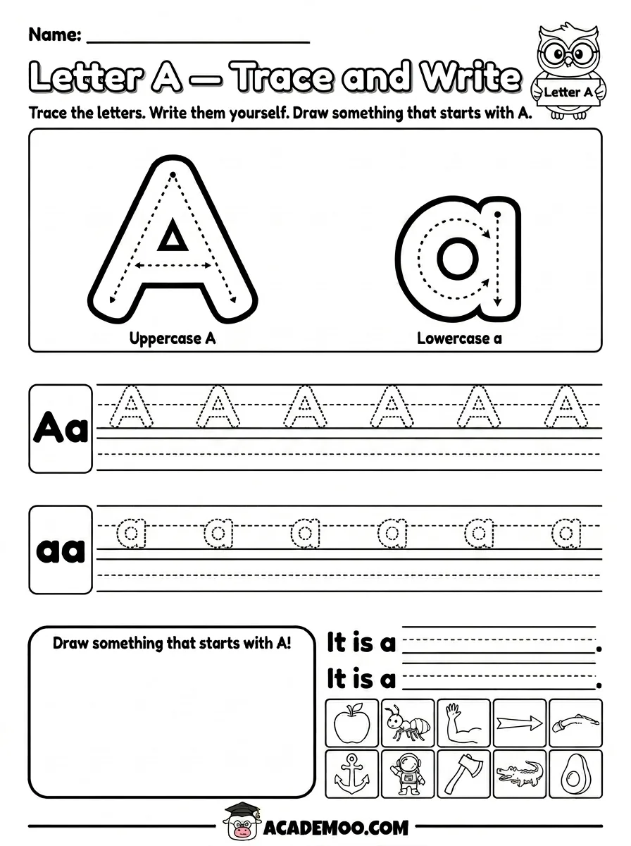 Letter A Trace and Write worksheet — pre-k language arts printable PDF · Free printable letter a trace and write worksheet for Pre-K.